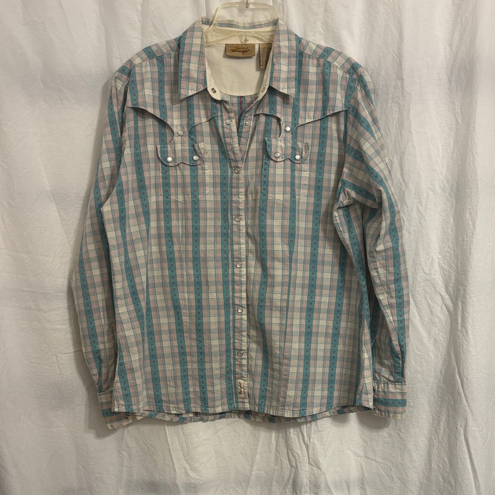 Women’s Wrangler Teal and Cream Plaid Button Down Shirt